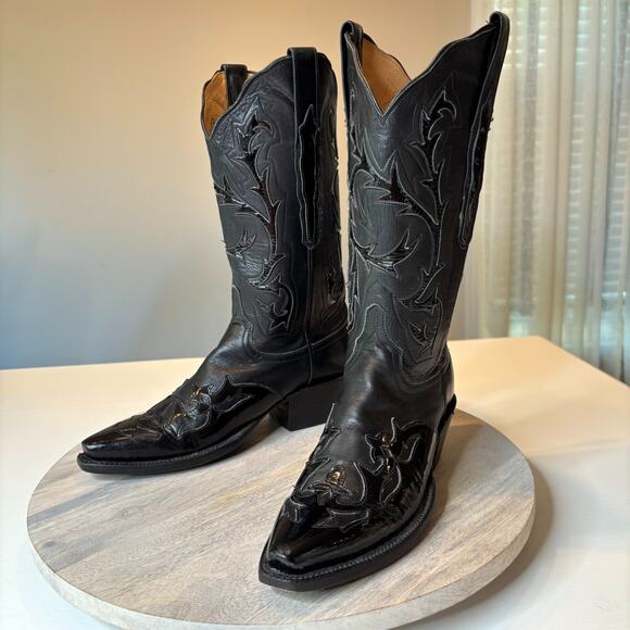 Lucchese Women's Black Leather Embellished Cowboy Cowgirl Boots US Size 6.5 - Picture 1 of 13